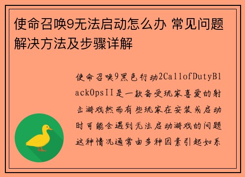 使命召唤9无法启动怎么办 常见问题解决方法及步骤详解