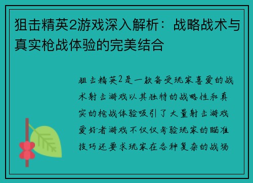 狙击精英2游戏深入解析：战略战术与真实枪战体验的完美结合