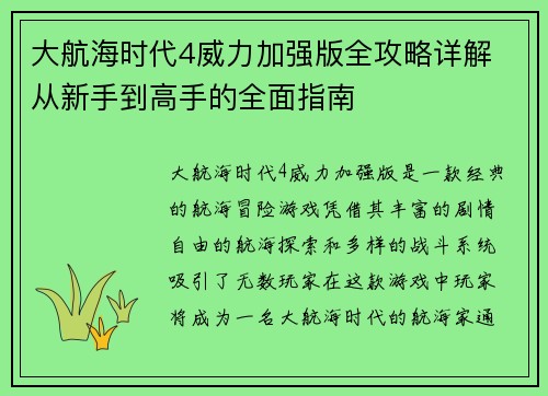 大航海时代4威力加强版全攻略详解 从新手到高手的全面指南