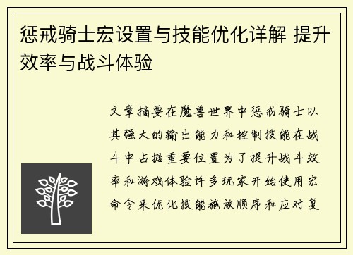 惩戒骑士宏设置与技能优化详解 提升效率与战斗体验